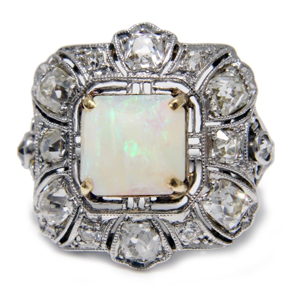 Art Deco Cocktail Ring Opal and Diamond Vintage Platinum Rare Early 20th C - Picture 7 of 16